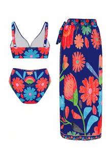 Swim Oasis Plus Size Women 3pcs Navy Blue V-Neck Wrap Tie Mesh Cover Up Swimwear Set Beach Vacation Summer Boho - Multicolor - View 2