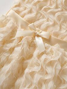 SHEIN Glamorique Kids 女童公主裙，杏色3D立体花卉刺绣连衣裙，杏色网纱连衣裙，无袖，蝴蝶结装饰，生日派对、婚礼及节日 - 杏色 - 查看 10