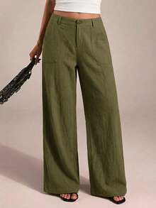 SHEIN PETITE CURVE Plus Size Casual Solid Color Loose Fit Pants - Army Green - View 4