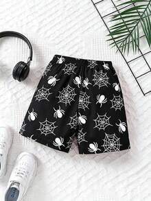 SHEIN Sparklyn Cậu bé mặc quần đùi in hình mạng nhện trắng ngộ nghĩnh trên nền đen. - màu đen - Xem 2