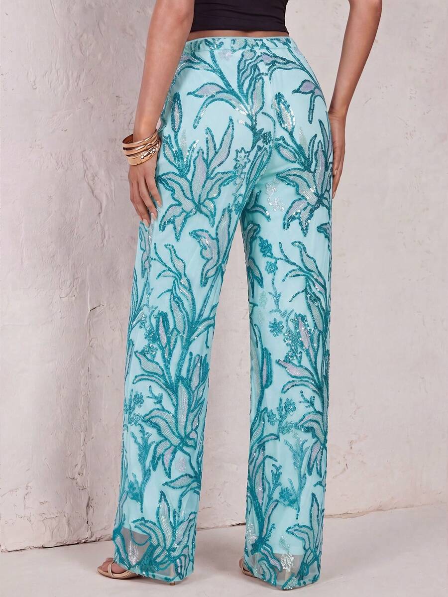 Glamine Women's High-Waisted Sequined Wide-Leg Pants,Light Blue Summer Elegant Vacation Holiday Parties Stylish Trousers, Halloween Outings Floral Pants - Blue - View 1