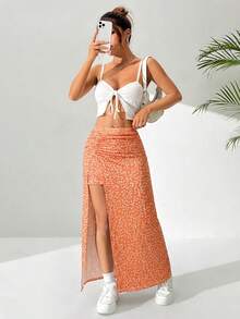 SHEIN EZwear 休闲碎花高开衩半身裙，夏季 - 橘色 - 查看 5