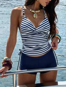 Swim Lushoire Bộ đồ bơi nữ gồm áo tankini kẻ sọc, dây rút phía trước và quần short màu xanh navy. - Màu xanh hải quân - Xem 1