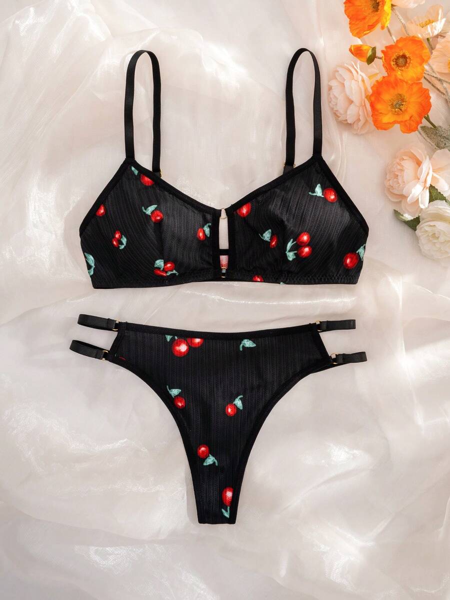 SHEIN Conjunto de sujetador inalámbrico cómodo con estampado para mujer - Negro - Ver 1