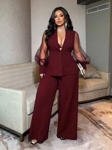 NU&NOW Commuting Design Sense Black Sheer Mesh Patchwork Plus Size Suit Set - Burgundy - View 2