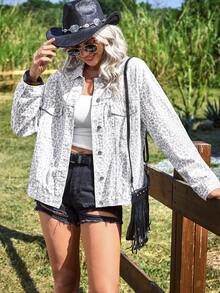 EMERY ROSE Women's Leopard Print Long Sleeve Single-Breasted Casual Denim Jacket - Multicolor - View 4