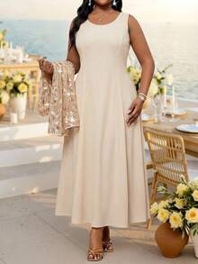 Fleurora 2pcs Plus Size Sequin Decor Short Sleeve Jacket Cream Floral Dress Set Wedding Dinner Special Occasion Summer Elegant - Pink - View 5