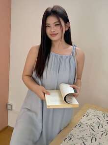 Dazy Plus 大尺碼女款休閒無袖百褶中長洋裝，純色寬鬆睡裙，春夏睡衣 - 藍色 - 查看 5