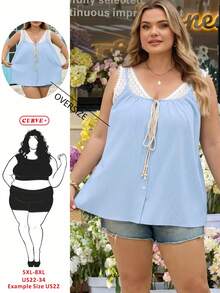 SHEIN CURVE+ 大码女式无袖上衣，休闲女士背心，蓝色吊带衫，新款夏季背心，青少年休闲服装，夏季上衣 - 藍白色 - 查看 7