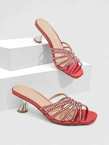 CUCCOO SZL Women's Fashion Galvanized Heel, Rhinestone Embellished High Heel Sandals, Suitable For Outdoor Activities And Parties, Spring And Summer Shoes, Spring Break Easter Dance Heels - Red - View 1