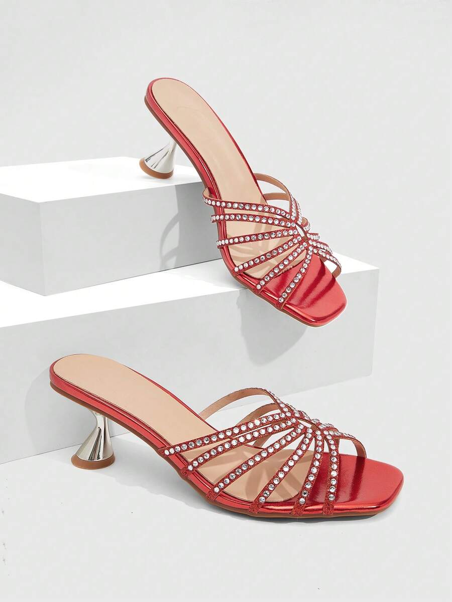 CUCCOO SZL Women's Fashion Galvanized Heel, Rhinestone Embellished High Heel Sandals, Suitable For Outdoor Activities And Parties, Spring And Summer Shoes, Spring Break Easter Dance Heels - Red - View 1