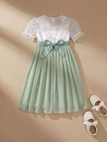 SHEIN 1 pieza Vestido de princesa de gasa bordado para niñas, falda verde fluida, adecuado para niña de las flores, boda, fiesta, verano - Multicolor - Ver 4