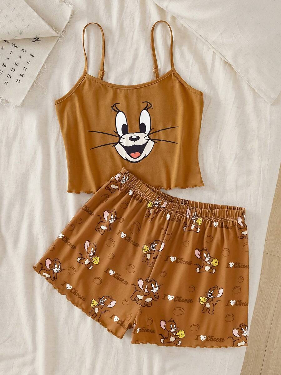 TOM & JERRY X SHEIN 女士卡通印花吊带背心和短裤睡衣套装 - 棕色 - 查看 1