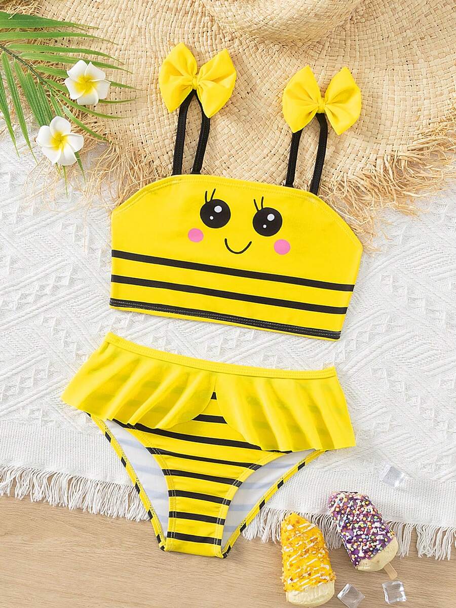 Bộ bikini in hình hoạt hình sọc khối màu cho cô gái trẻ cho kỳ nghỉ bãi biển Bãi biển mùa hè - Màu vàng - Xem 1