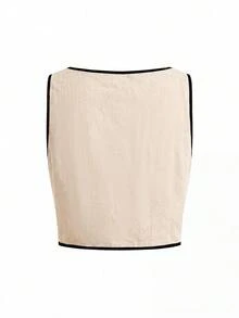Ellevyn Bộ đồ nữ mùa hè kiểu dáng thường ngày, áo tank top cổ tròn phối viền tương phản và quần short (2 món) - Màu be - Xem 7