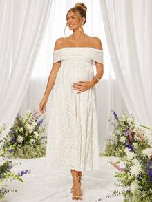Loomaby Vestido minimalista de uso diario con hombros descubiertos, de unicolor y con aplicaciones de encaje para embarazadas - Caqui - Ver 8