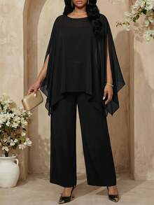 Fleurora Áo kiểu cape dự tiệc thanh lịch màu trơn cỡ lớn, áo đen cỡ lớn, áo voan cỡ lớn, áo mùa xuân cho phụ nữ - màu đen - Xem 7