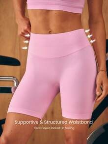 GLOWMODE 5" Ultrafine Soft Seamless Summer Sculpt High Waist Double Layer Coverage Sculpting Fit Mid-Thigh Biker Shorts With Butt Lift Compression Medium Impact Training Gym Studio Daily Wear - Pink - View 6