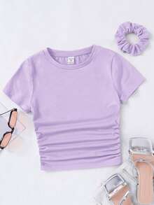 Girlism Tween Girl Casual Round Neck Short Sleeve Tee With Side Pleats And Hair Tie - Purple - View 4