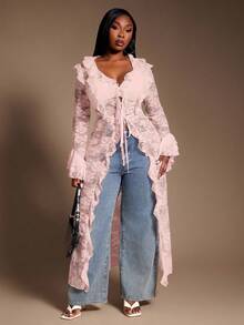 SHEIN SXY Blouse rose élégante à volants multiples en tissu de dentelle élastique et transparent pour femmes grandes tailles. Convient pour les vêtements extérieurs et les superpositions, enrichissant votre tenue. Style de rue, sortie, soirée, à la mode - Rose bonbon - Voir 2
