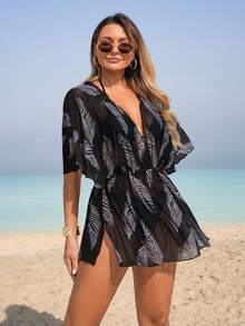 Swim Lushoire 1pc Women Beach Cover Up, Leaf Branch Mesh Pattern, Casual Home Beach Pool Holiday, Spring/Summer - Multicolor - View 6