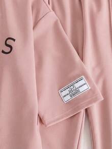 SHEIN 2件套 少女宽松针织圆领拼接撞色英文字母印花休闲T恤和阔腿裤套装，春夏款 - 粉色 - 查看 6
