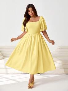 Solflare Plus Size Elegant Solid Color Ruffle Flounce Sleeve Dress, Summer Tea Party Pale Yellow - Pale Yellow - View 1