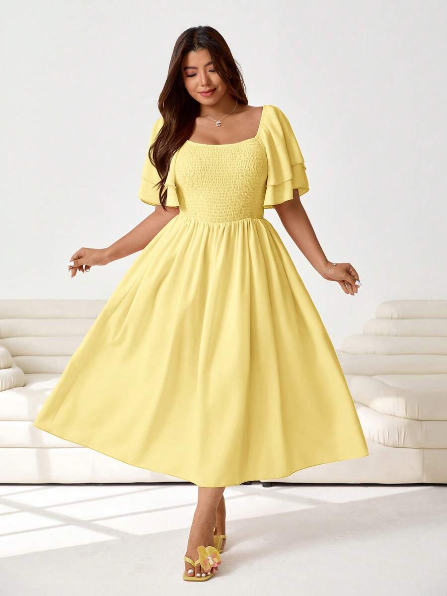 Solflare Plus Size Elegant Solid Color Ruffle Flounce Sleeve Dress, Summer Tea Party Pale Yellow - Pale Yellow - View 1