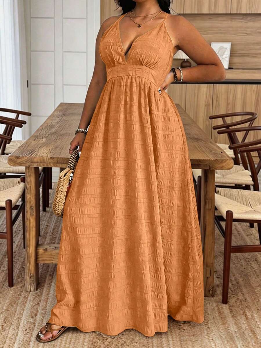 Weeklong Plus Size Women Summer Spaghetti Strap Textured Belt Beach Vacation Dress - Orange - View 1