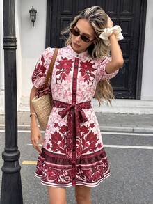 SHEIN PariChic 女士春夏多色佩里斯花卉系带A字蝴蝶结休闲日常通勤外出下午茶约会度假短裙 - 玫紅色 - 查看 4