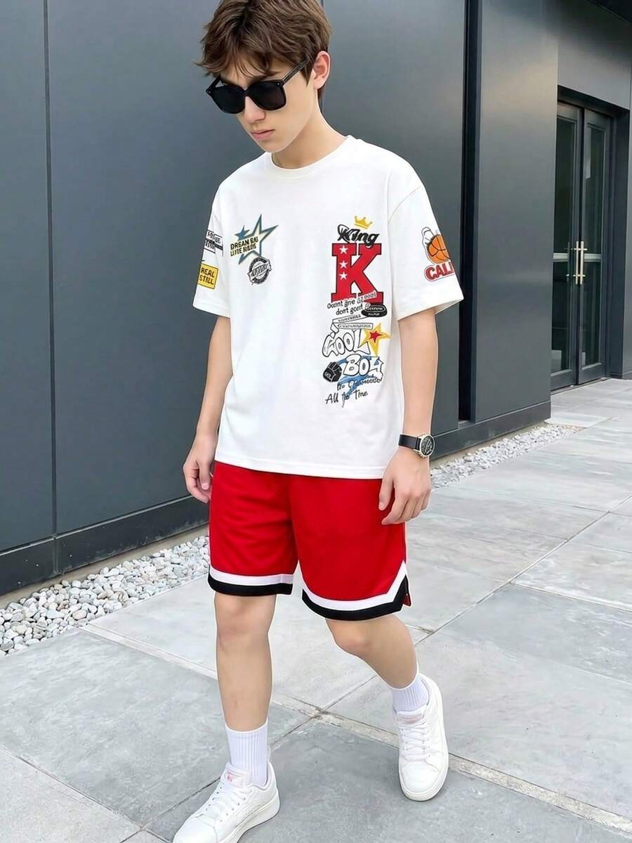 Fantacosmos 2件套青少年(男童)春夏运动休闲足球泼墨印花短袖T恤和短裤套装 - 紅色 - 查看 1