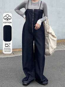 FRIFUL Damen Lässig Reißverschluss Halb-Knopfleiste Jeans Latzhose Jumpsuit für den täglichen Gebrauch - Blau - Übersicht 1