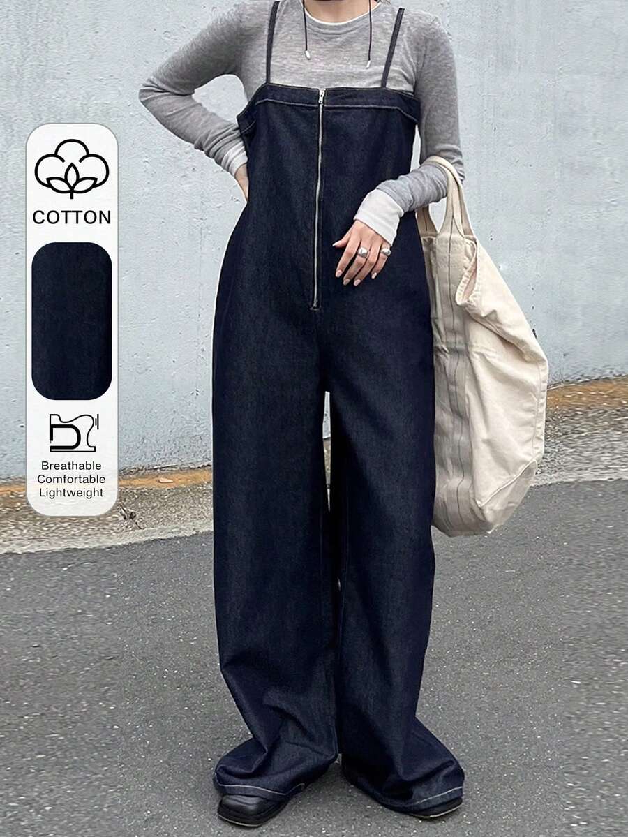 FRIFUL Damen Lässig Reißverschluss Halb-Knopfleiste Jeans Latzhose Jumpsuit für den täglichen Gebrauch - Blau - Übersicht 1