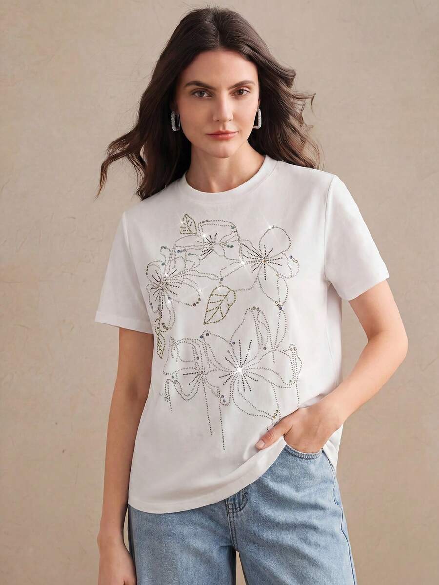 Anewsta Women's Rhinestone Flower Pattern Round Neck Short Sleeve Casual T-Shirt - White - View 1