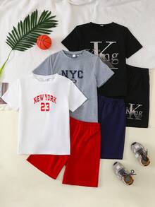 SHEIN 兒童 6件組 青少年男孩 白色夏季休閒開學穿搭 寬鬆城市字母圖案圓領針織短袖上衣與短褲套裝，運動風 - 彩色 - 查看 1