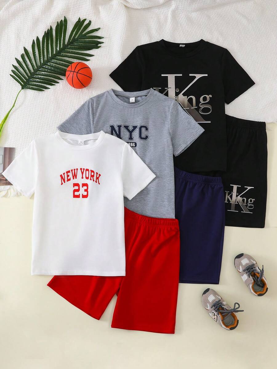 SHEIN 兒童 6件組 青少年男孩 白色夏季休閒開學穿搭 寬鬆城市字母圖案圓領針織短袖上衣與短褲套裝,運動風 - 彩色 - 查看 1