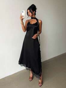 SHEIN Women's Solid Color Contrast Lace Side Slit Hem Elegant Spaghetti Strap Dress - Black - View 7