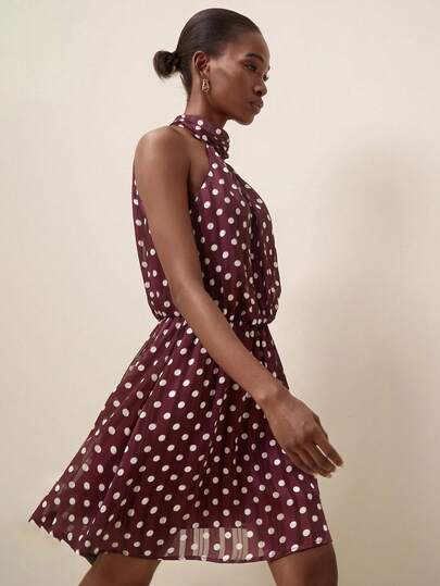 Briarwyn Summer Women's  Beach Party Vacation White Polka Dot Print Halter Cinched Waist Short Dress ,Summer Dresses,Elegant Dresses For Party ,Wedding Guest Dress,Birthday Dress,Elegant Dresses For Women,Polka Dot Dress,Brown Dress