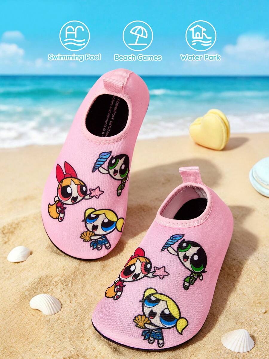 THE POWERPUFF GIRLS X SHEIN 幼兒與兒童戶外運動休閒時尚防滑水鞋,舒適透氣可愛卡通圖案沙灘鞋,女孩粉色訓練鞋 - 淺粉色 - 查看 1