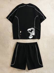 TOM & JERRY X SHEIN Men's Casual Cartoon Print Round Neck Short Sleeve T-Shirt And Shorts Set, Summer - Black - View 2