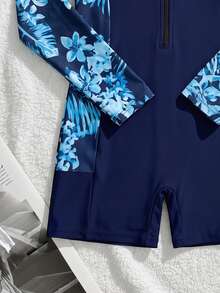 SHEIN Áo tắm liền thân tay ngắn ôm sát in họa tiết cây nhiệt đới dành cho bé gái tuổi teen, thích hợp cho kỳ nghỉ hè, du lịch biển, màu đen. - Màu xanh hải quân - Xem 6