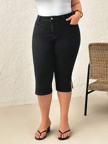 SHEIN Plus High Waist Elastic Black Bermuda Date Night Vacation Summer - Black - View 9