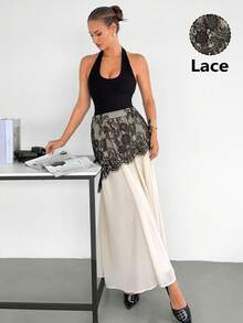 Siren Gaze Đầm maxi xòe bằng chiffon phối ren tương phản thanh lịch dành cho nữ - Màu be - Xem 4