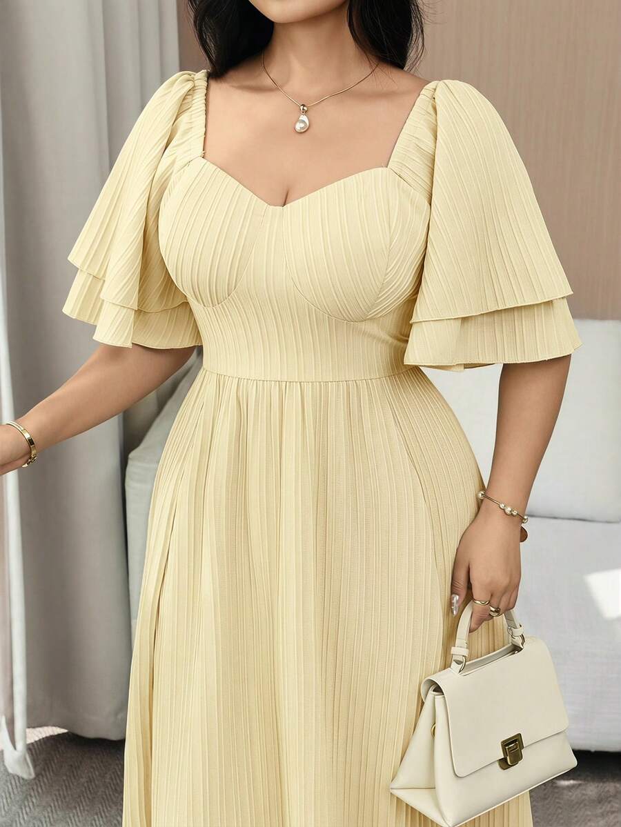Feyla Plus Size Solid Color Sweetheart Collar Ruffle Hem Summer Dress - Pale Yellow - View 1