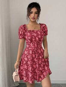 Rafferiza Women's Mini Ditsy Floral Square Neck Petal Sleeve Ruffle Waist Drawstring Tie Waist Dress - Multicolor - View 7