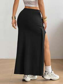 SHEIN EZwear Black Knit Women's Side Slit Hem Skirt - Black - View 4