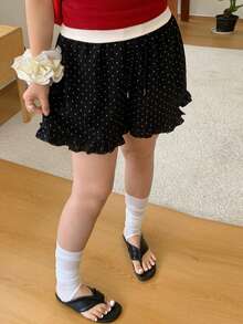 Dazy Plus Ruffled Hem Korean Style Polka Dot Casual Loose Shorts, Plus Size Summer - Black - View 7