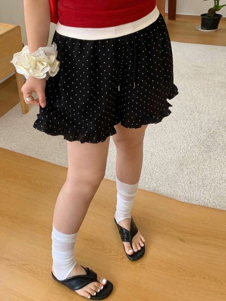 Dazy Plus Ruffled Hem Korean Style Polka Dot Casual Loose Shorts, Plus Size