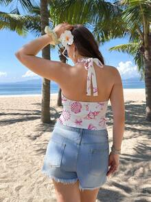 SHEIN SXY 大码海星、贝壳和蝴蝶结印花露背吊带上衣，适合夏季穿着 - 彩色 - 查看 2