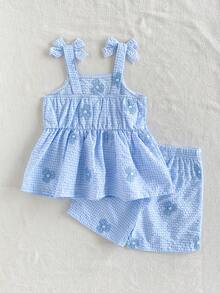 SHEIN Playful Pals 2件套女婴幼儿/新生儿0-3岁休闲日常可爱度假条纹蝴蝶结装饰吊带背心+短裤套装，春夏款 - 藍色 - 查看 3